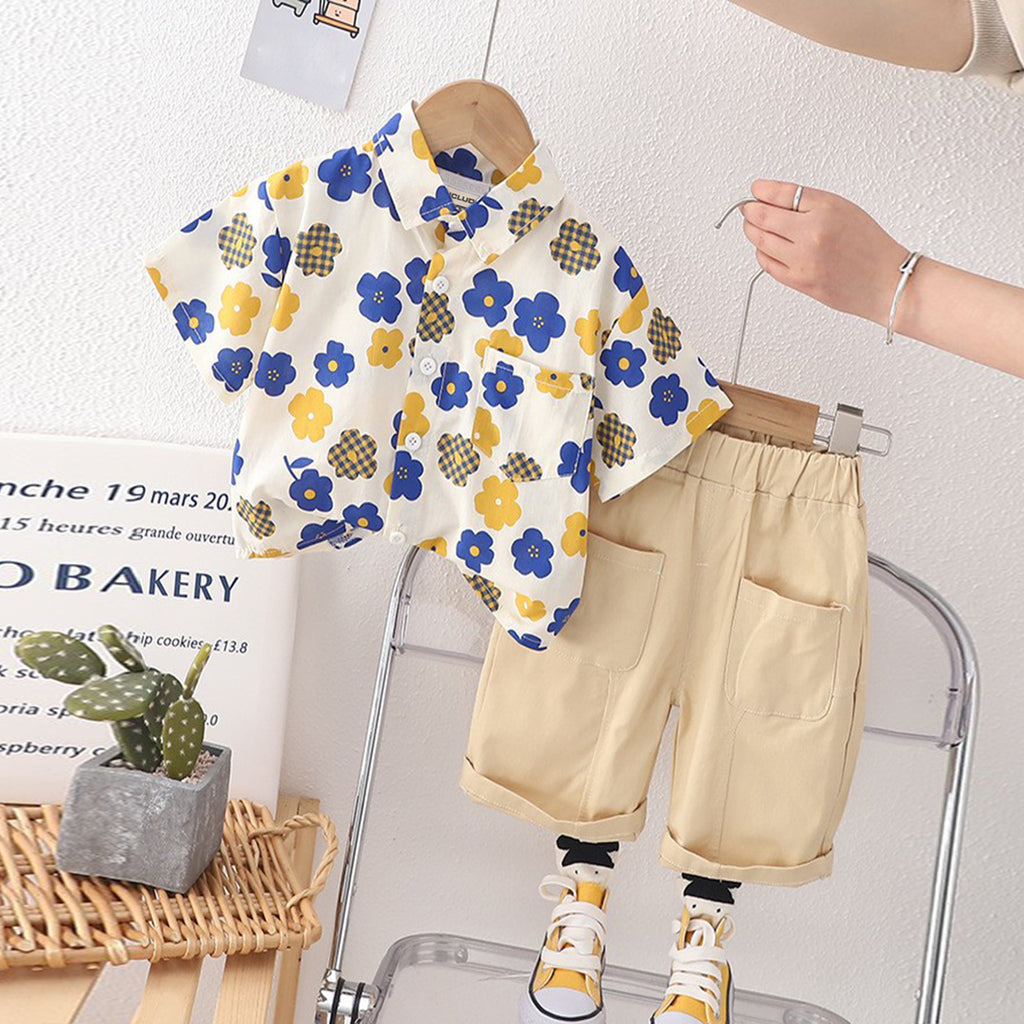 Boys Blue Floral Print Shirt With Elasticated Shorts Set 2 pc. Sets Blue 1-2 Y