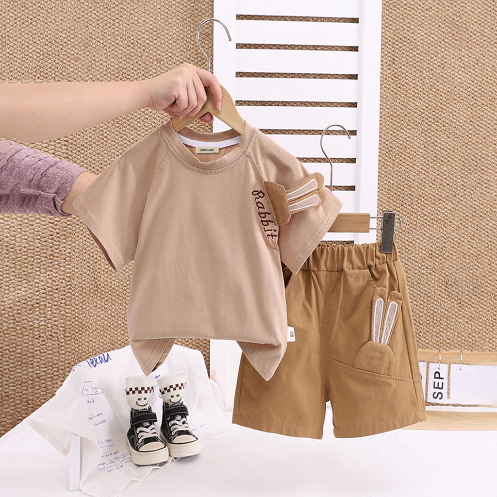 Boys Beige Rabbit Ear Appliqued T-Shirt With Shorts Set 2 pc. Sets Beige 1-2 Y
