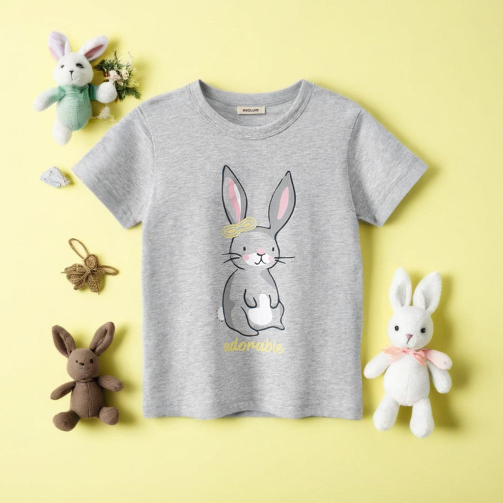 Girls Bunny Print Short Sleeves T-shirt Tshirts Grey 1-2 Y 