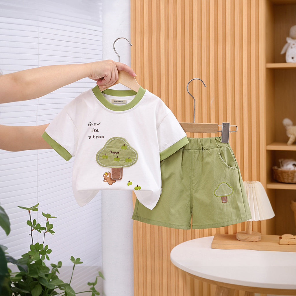 Boys Embroidery Applique Short Sleeves T-Shirt With Green Shorts Set 2 pc. Sets