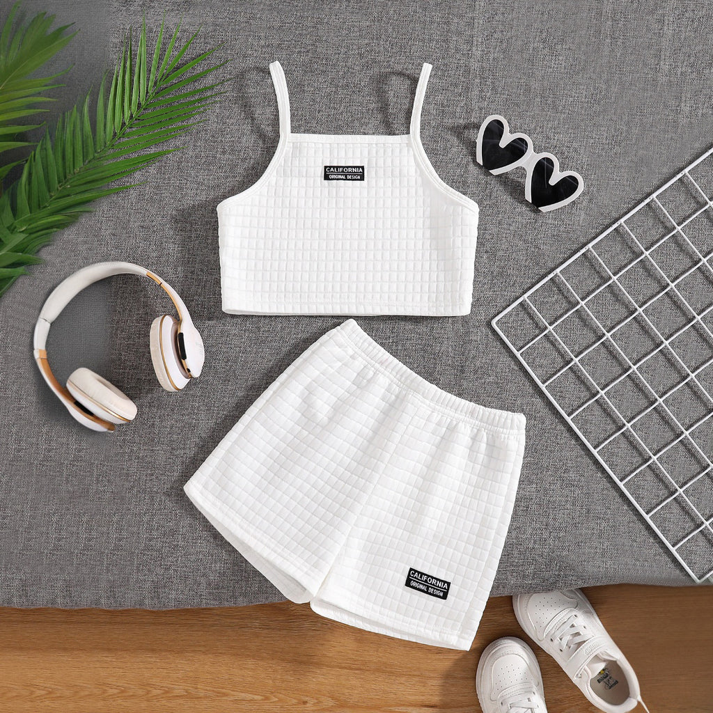 Girls White Self Designed Camisole Top With Shorts Set 2 pc. Sets White 7-8 Y