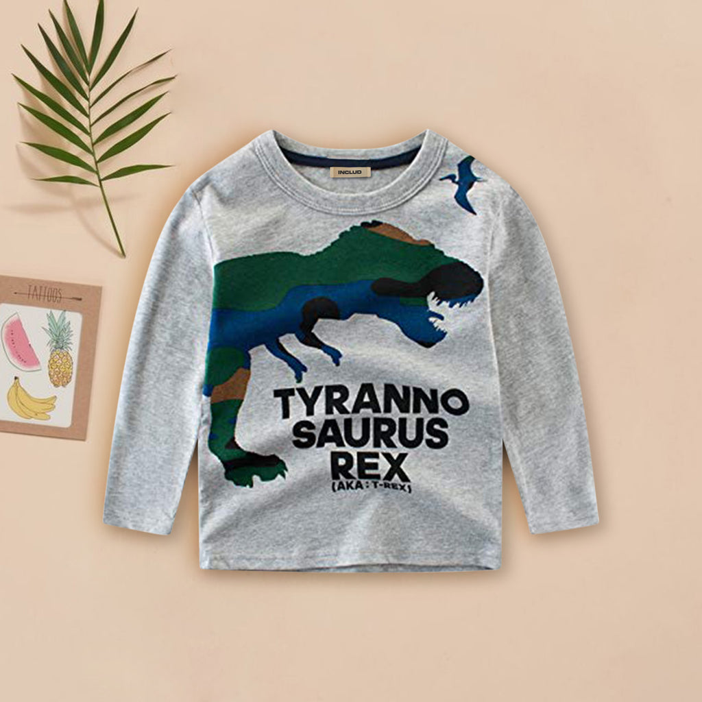 Boys Grey Melange Full Sleeves Dinosaur Print T-shirt T-Shirt Grey 3 - 4 Y