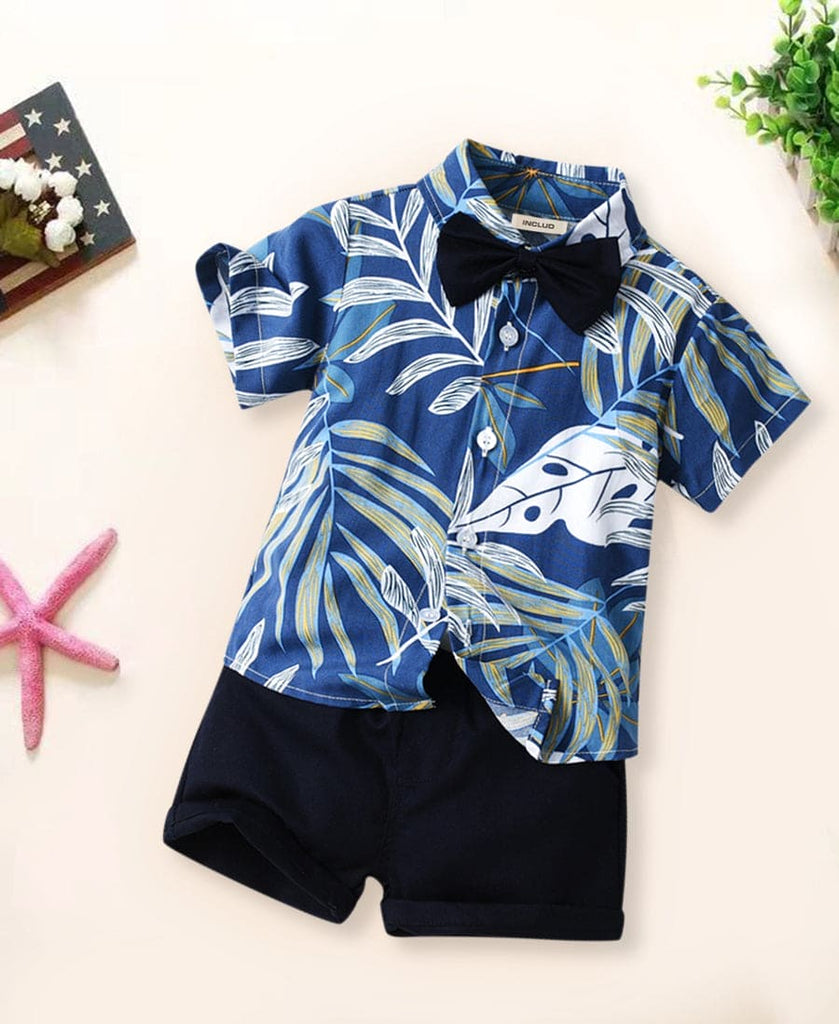 Boys Dark Blue Leaf Print Shirt With Solid Shorts Casual Clothing Sets Sets Style 1 1-2 Y 