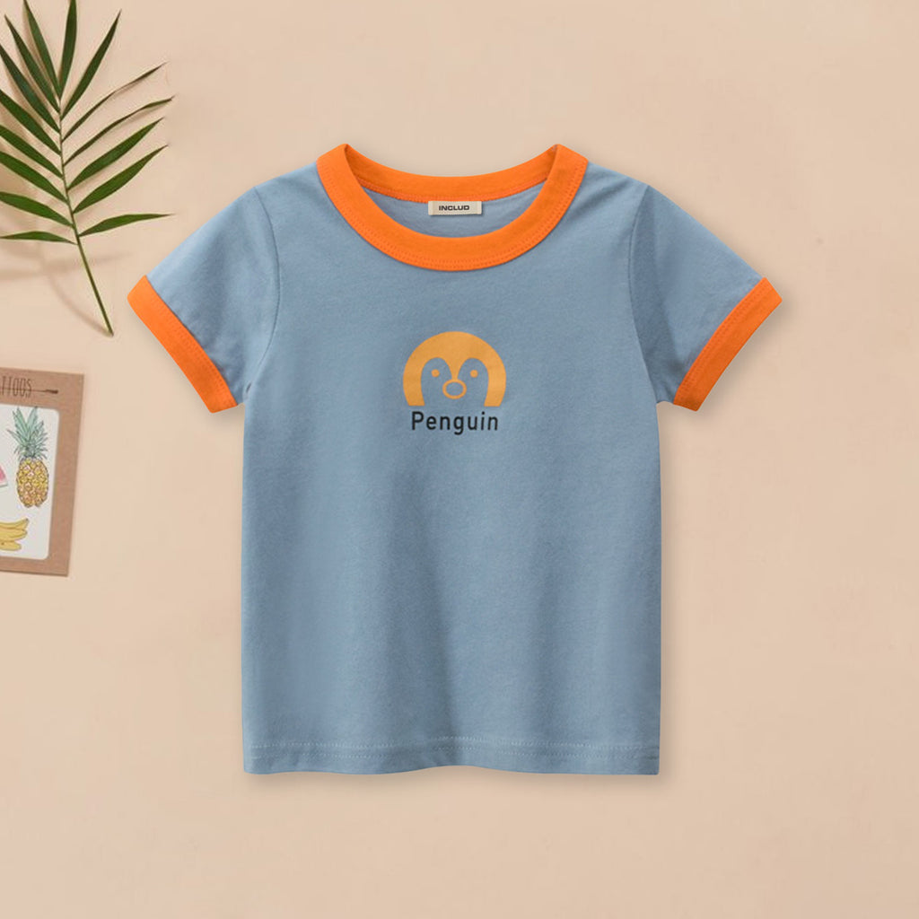 Girls Motif Printed Short Sleeves Casual Tee Tops & T-Shirts Blue 18 - 24 M