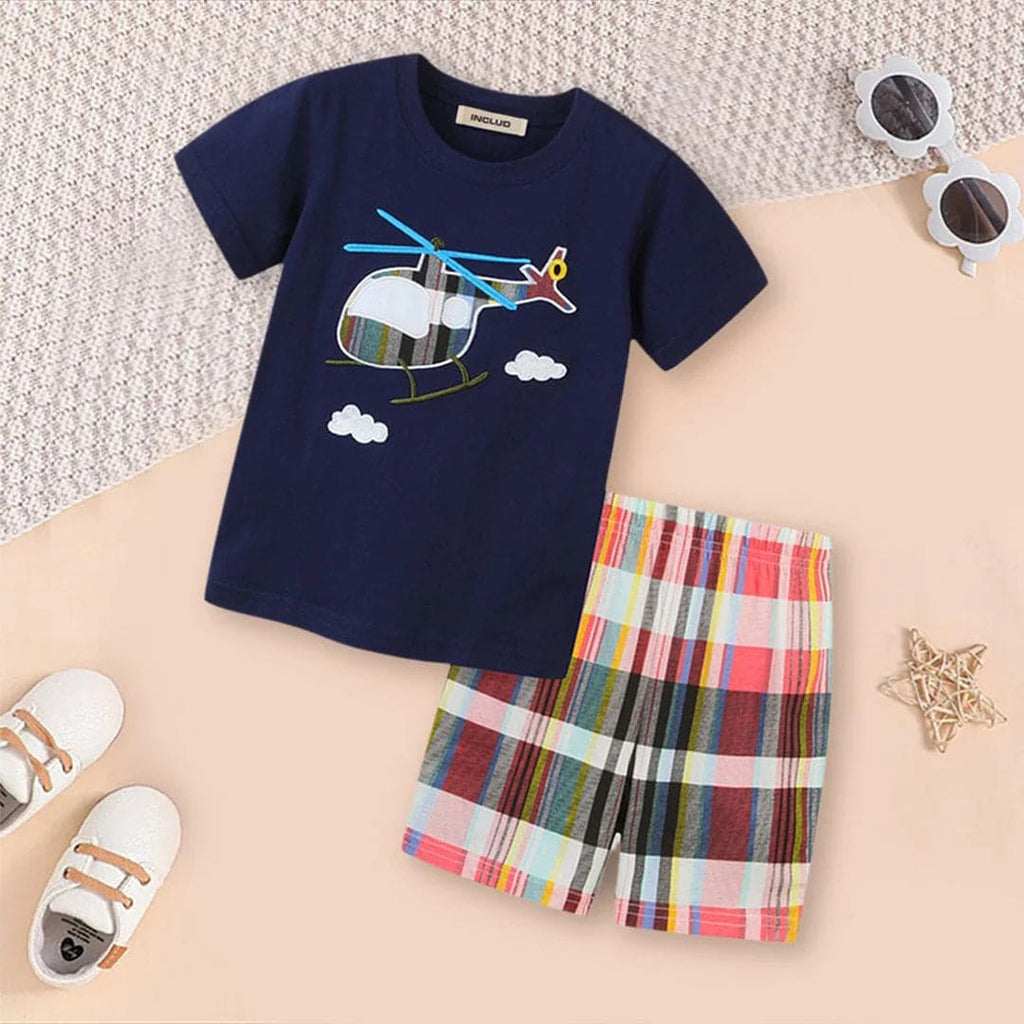 Boys Helicopter Print T-shirt & Checkered Shorts Set Sets Navy 1-2 Y 