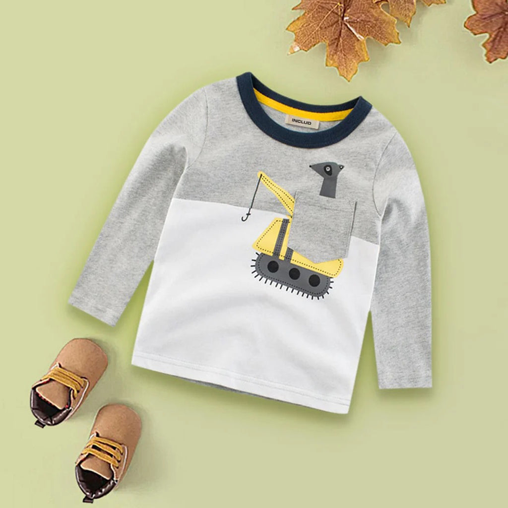 Cut & Sew Crane Print Tshirt Tshirts Grey 1-2 Y 