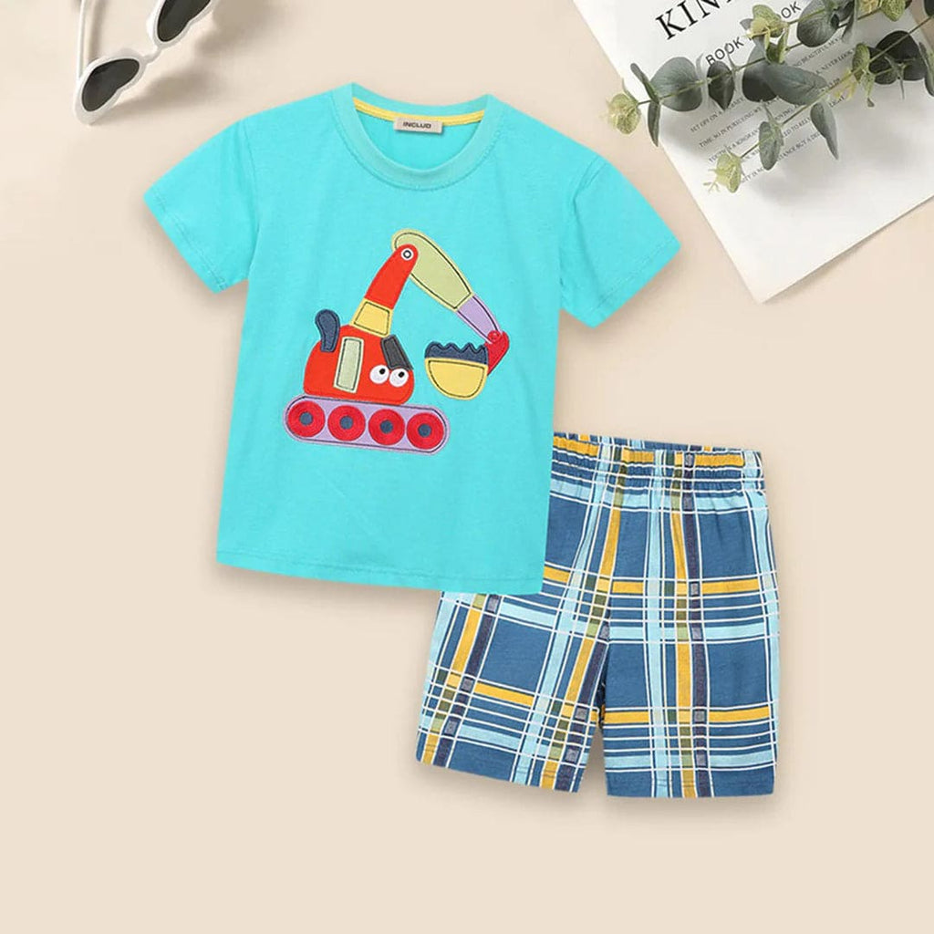 Boys Crane Motif T-shirt & Checkered Shorts Set Sets Sky Blue 1-2 Y 