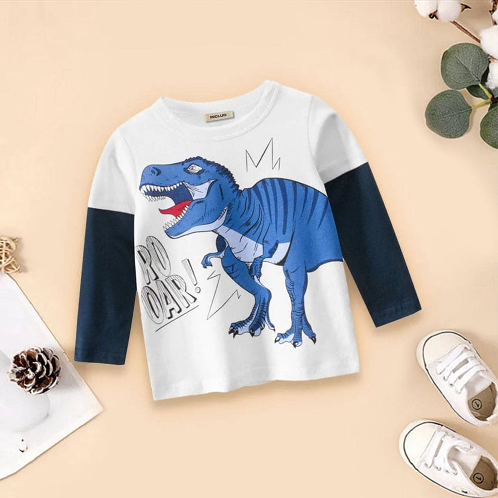 Boys Dinosaur Printed Full Sleeves T-shirt Tshirts White 1-2 Y 
