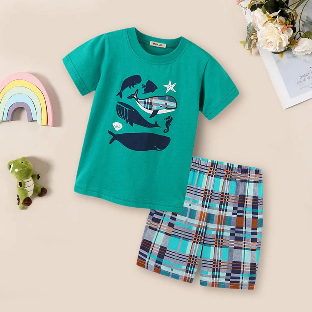 Boys Printed T-shirt & Checkered Short Set Sets Green 1-2 Y 