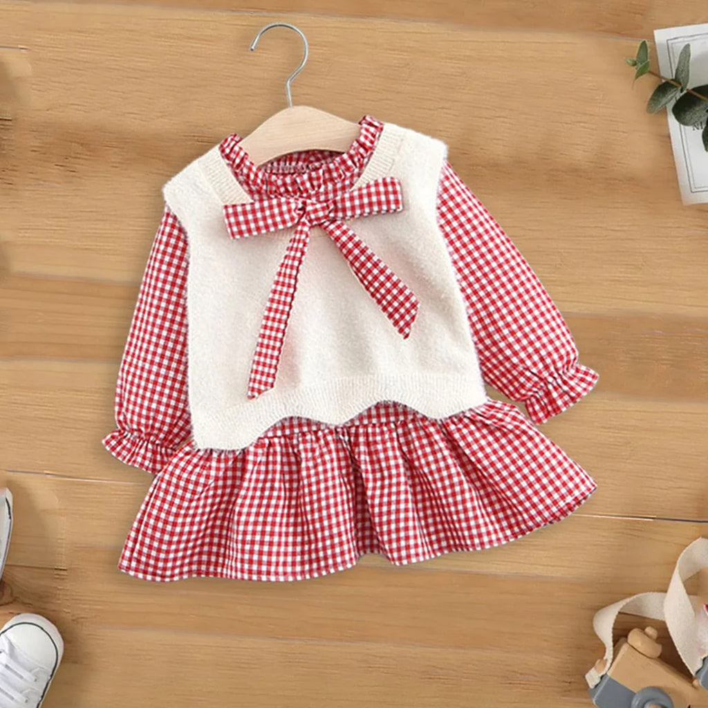 Girls Gingham Print Flared Woolen Tunic Tunics Red 1-2 Y 