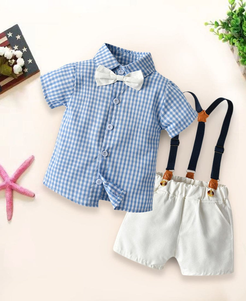 Boys Checkered Shirt with Suspenders Shorts Set Siblings Set Blue 1-2 Y