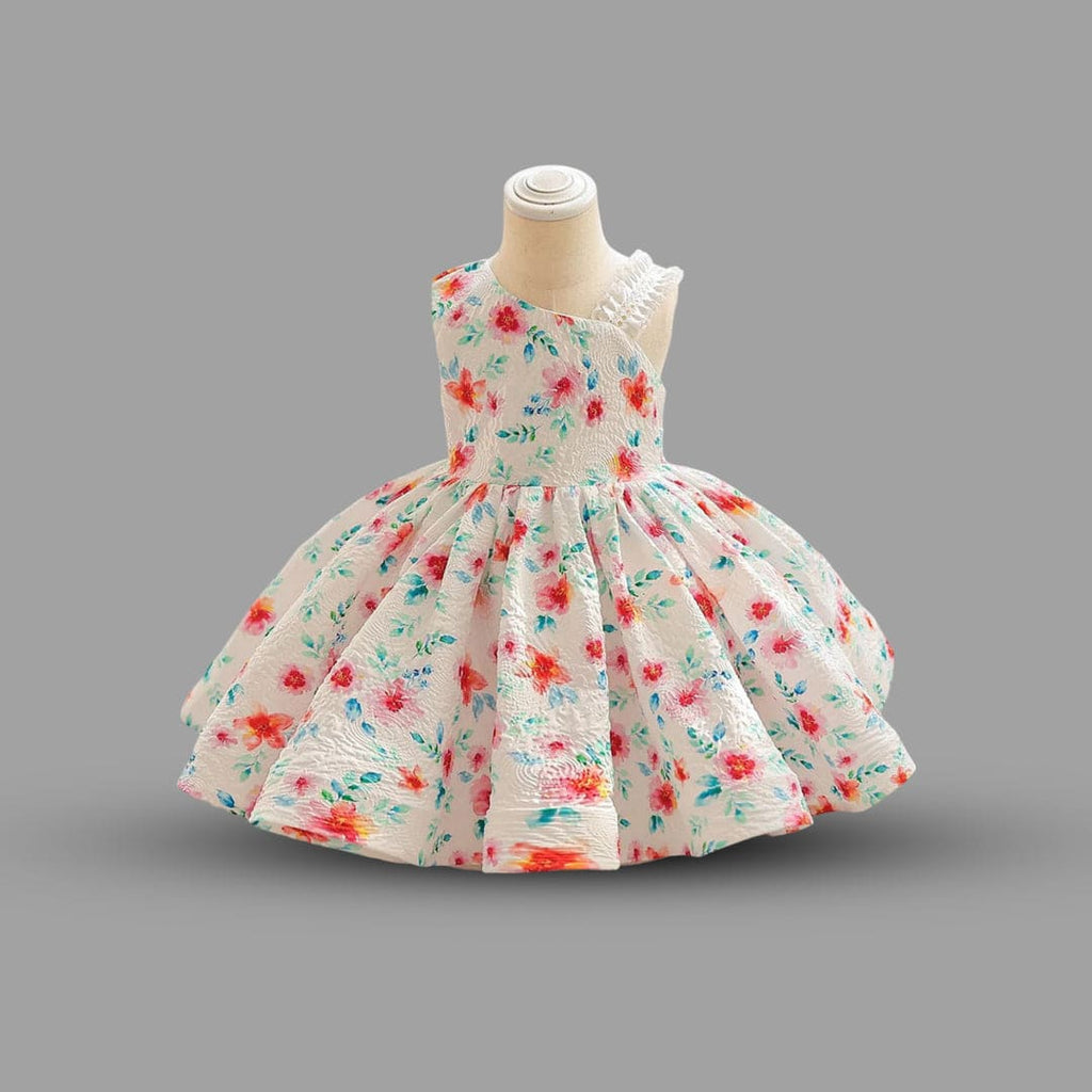 Girls Floral Print One Shoulder Party Dress Party Dresses White 1-2 Y 