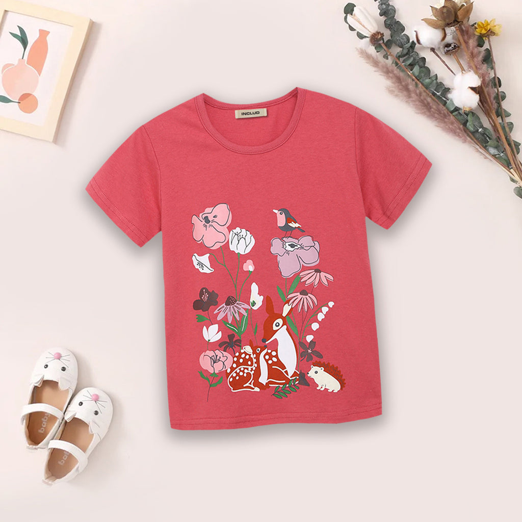 Girls Deer Print T-shirt Tshirts Red 1-2 Y 
