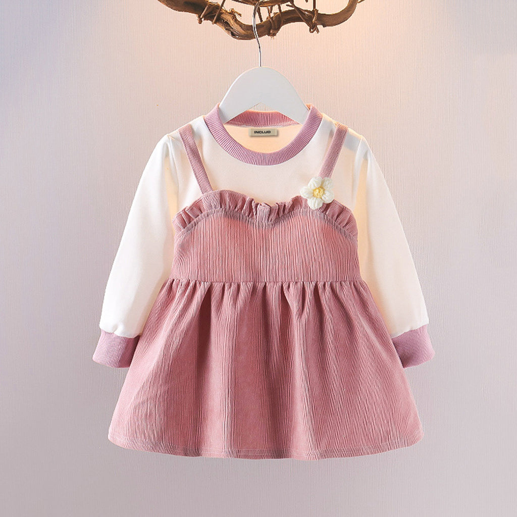 Girls Round Neck Self Design Cuffed Sleeves Maxi Casual Dresses   