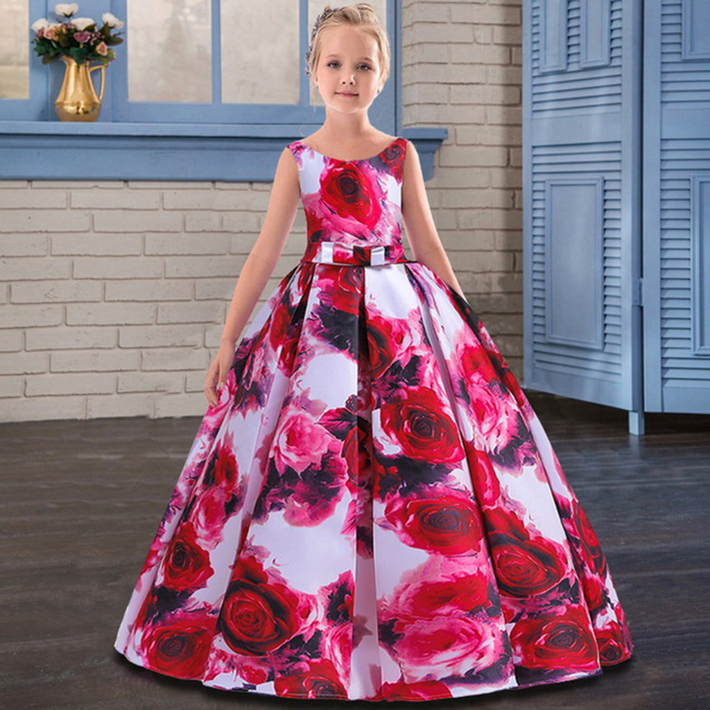 Girls Floral Print Pleated Gown Party Dresses Red 6-7 Y 