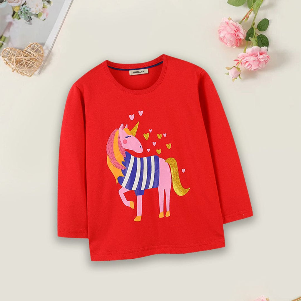 Girls Unicorn Print T-shirt Tshirts Red 1-2 Y 
