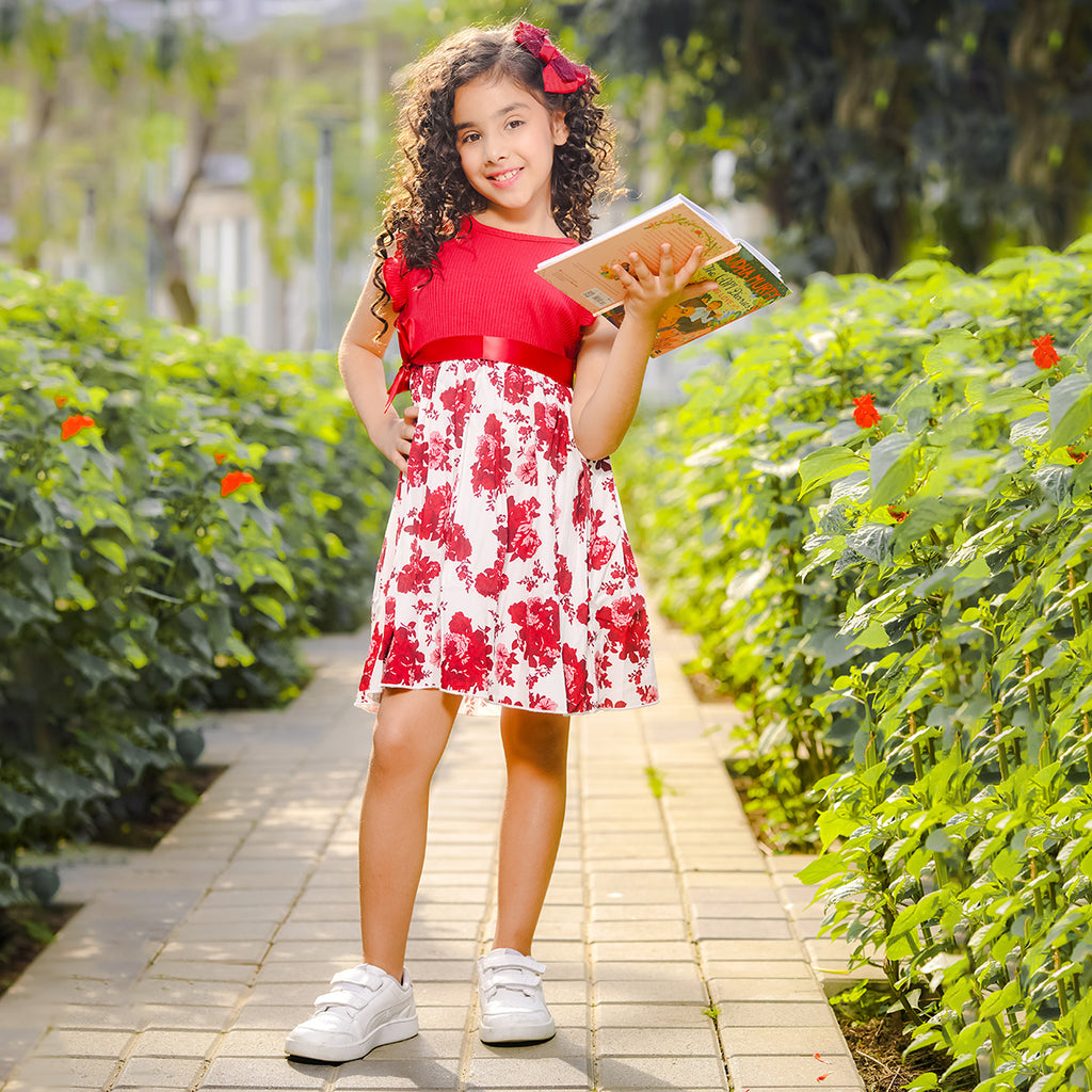 Girls Red Floral Print Flared Sleeve Fit & Flare Dress Casual Dresses Red 4-5 Y