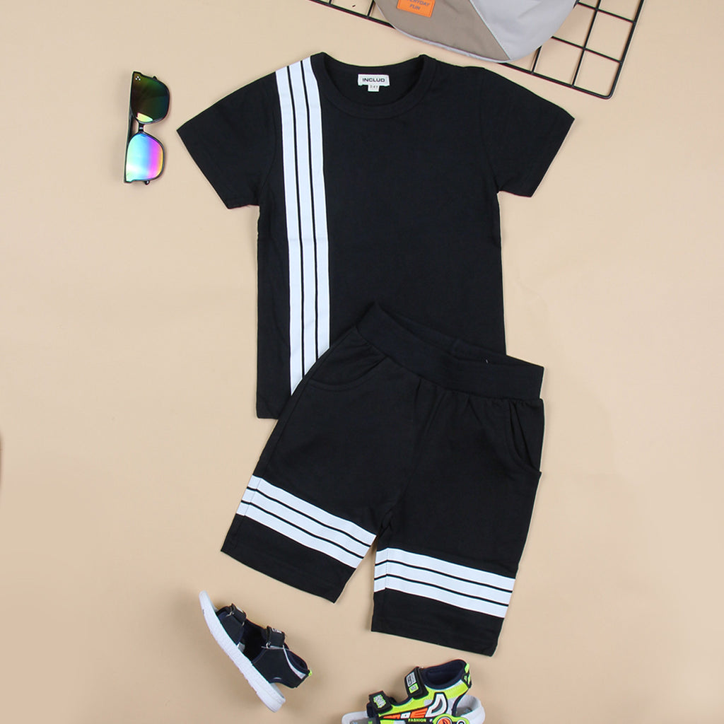 Boys Black Side Striped T-shirt with Shorts Set Sets Black 18-24 M
