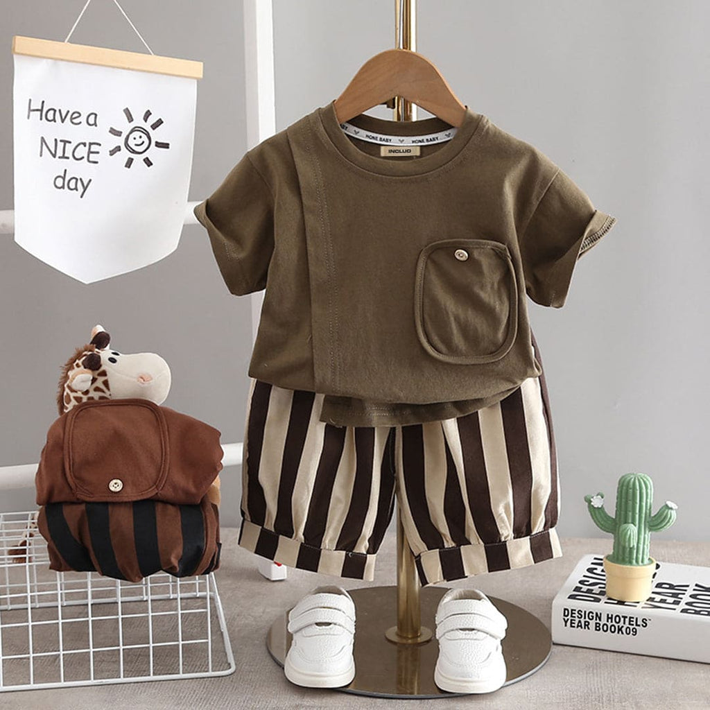 Boys Olive T-shirt with Striped Shorts Set Sets Olive 1-2 Y 