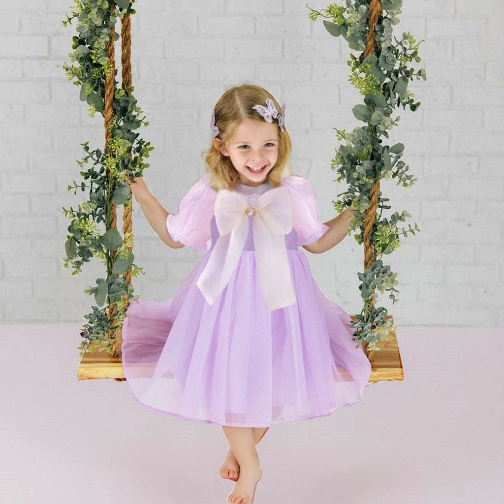 Girls Dress with Puffed Sleeves and Bow Casual Dresses Violet 1-2 Y 