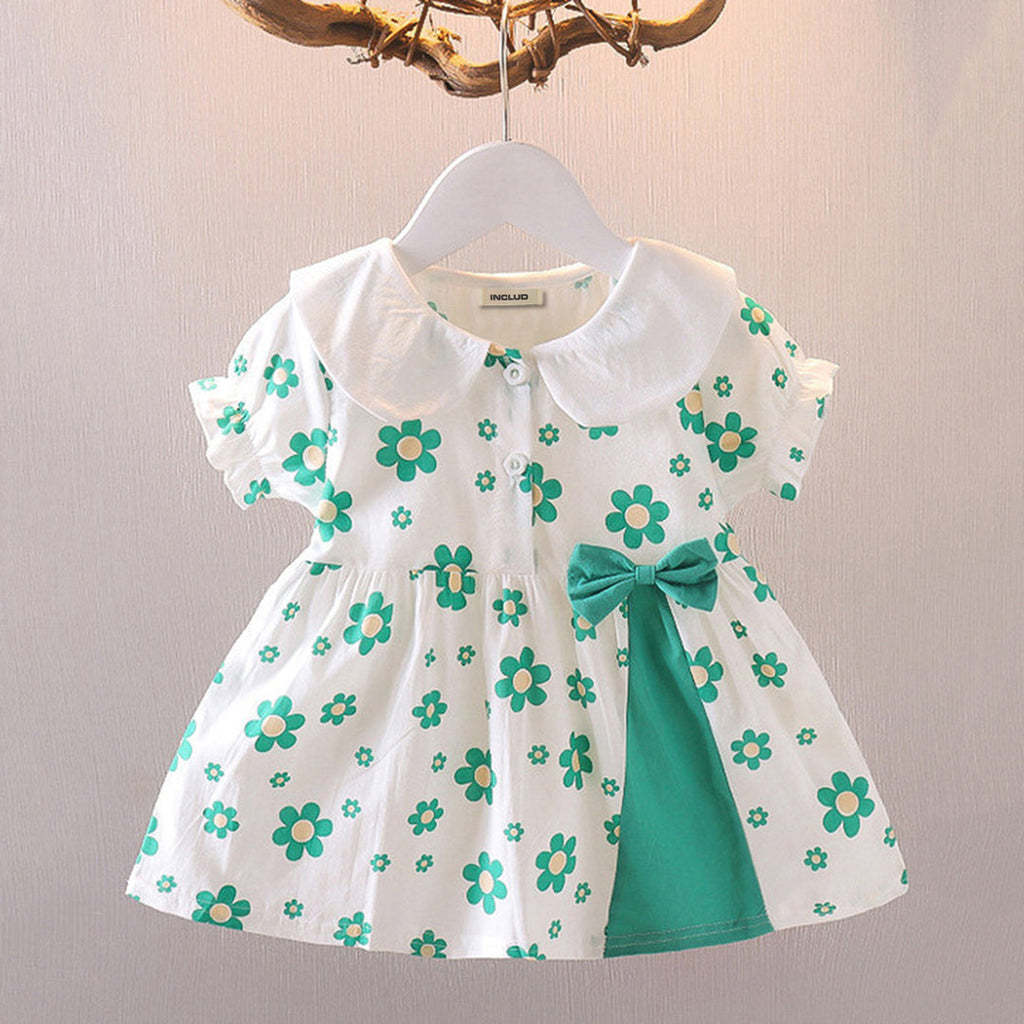 Girls Green Floral Printed Collar Dress Casual Dresses Green 1-2 Y 