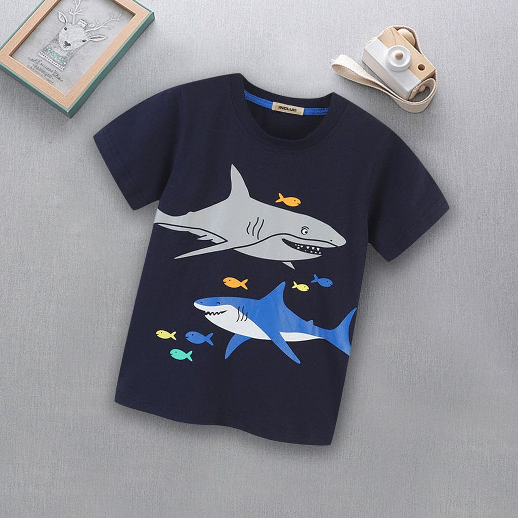 Boys Shark Print T-shirt Tshirts Navy 1-2 Y 