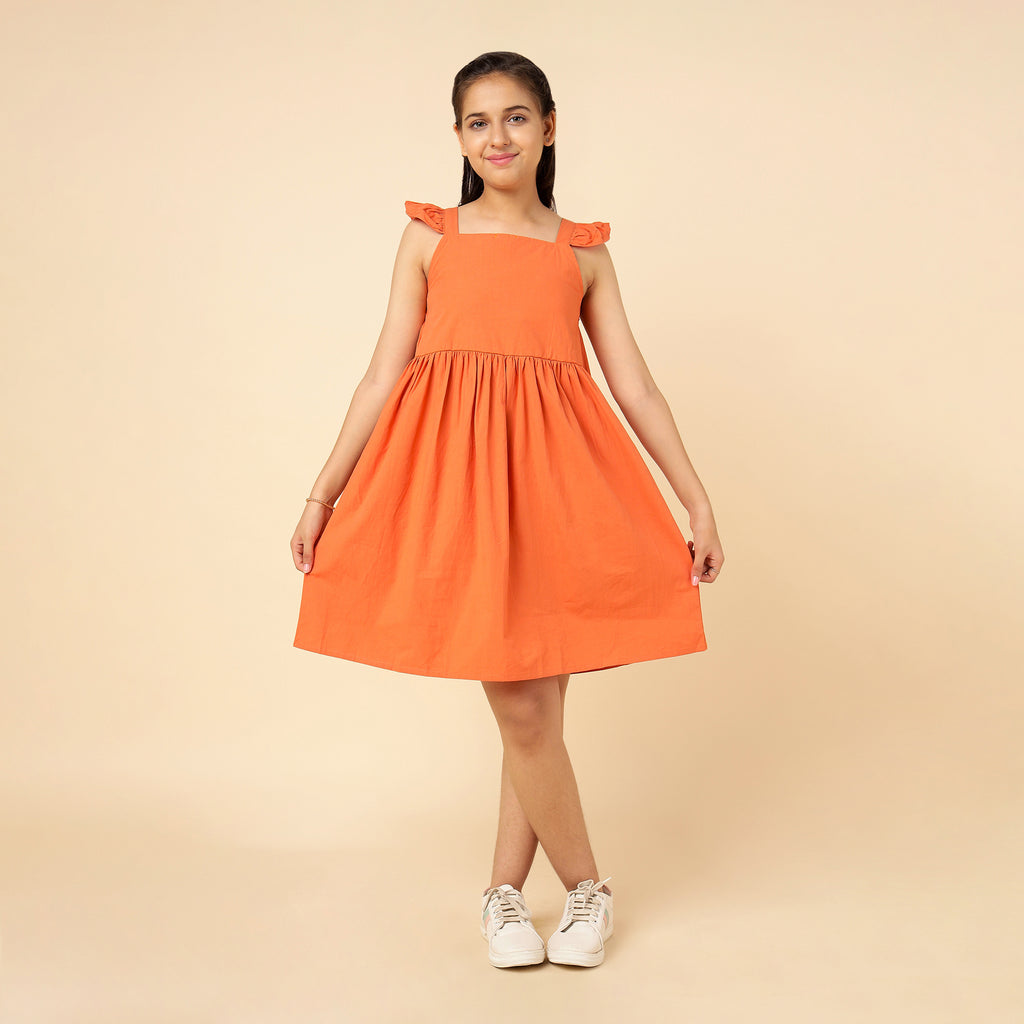 Girls Dress with Ruffle Sleeve Casual Dresses Orange 4-5 Y 