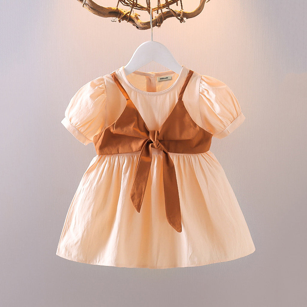 Girls Dress with Tie Knot Shrug Casual Dresses Beige 1-2 Y 