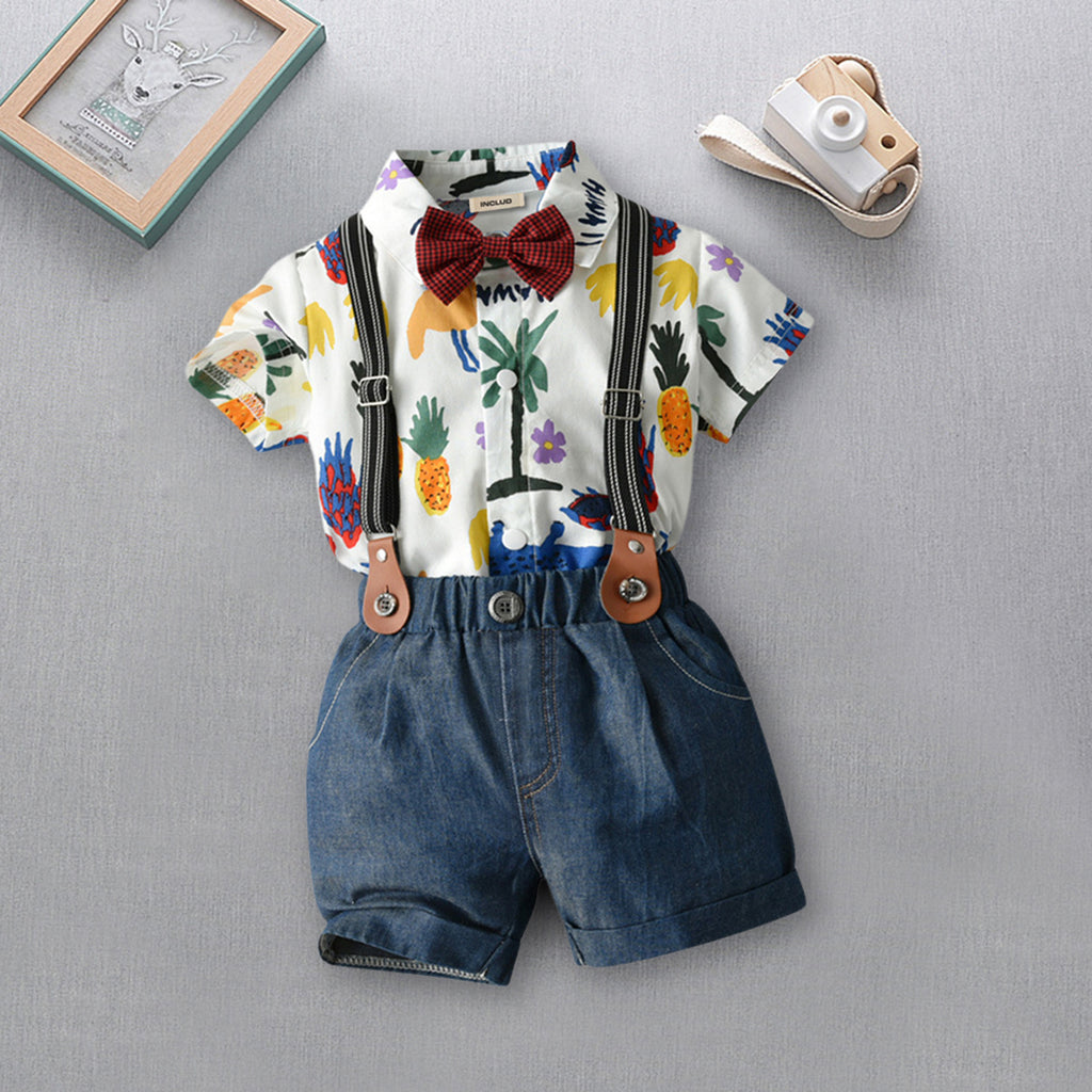 Boys Printed Shirt Bodysuit with Suspender Shorts Set 2 pc. Sets Blue 1-2 Y 