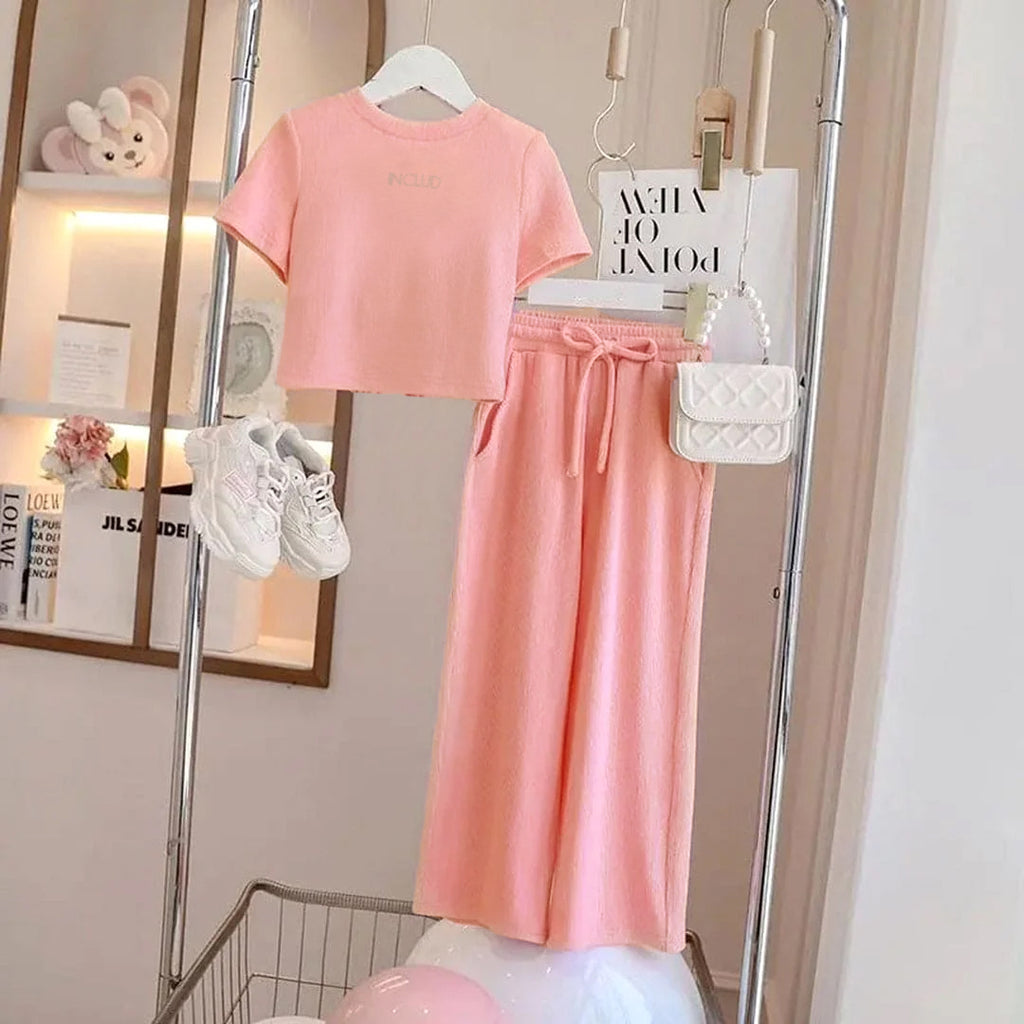 Girls Short Sleeve Keyhole Top With Trouser Sets Pink 4-5 Y