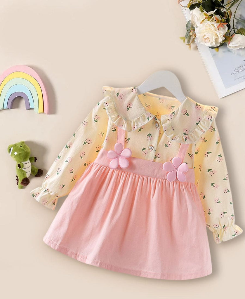 Girls Faux Strap Dress with Flower Applique Casual Dresses Pink 1-2 Y 