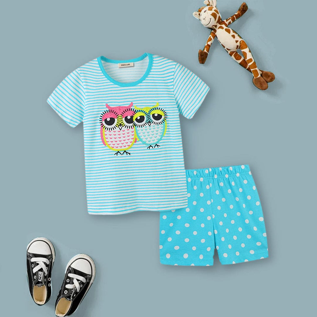 Girls Owl Print T-shirt & Polka Dot Shorts Set Sets Sky Blue 1-2 Y 