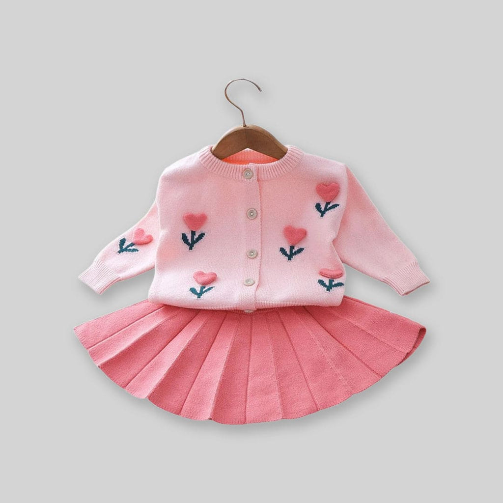Girls Embroidered Cardigan with Pleated Skirt Set Sets Pink 1-2 Y 