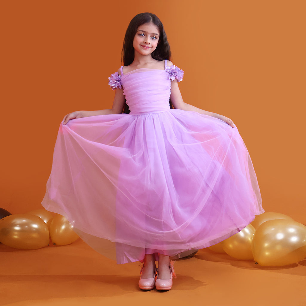 Girls Lavender Gathered Off-Shoulder Tulle Party Gown Party Dresses Violet 7-8 Y