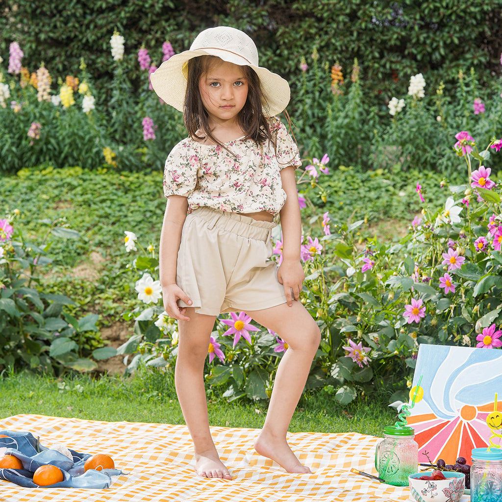 Girls Beige Floral Printed Top With Shorts Set Sets Beige 1-2 Y