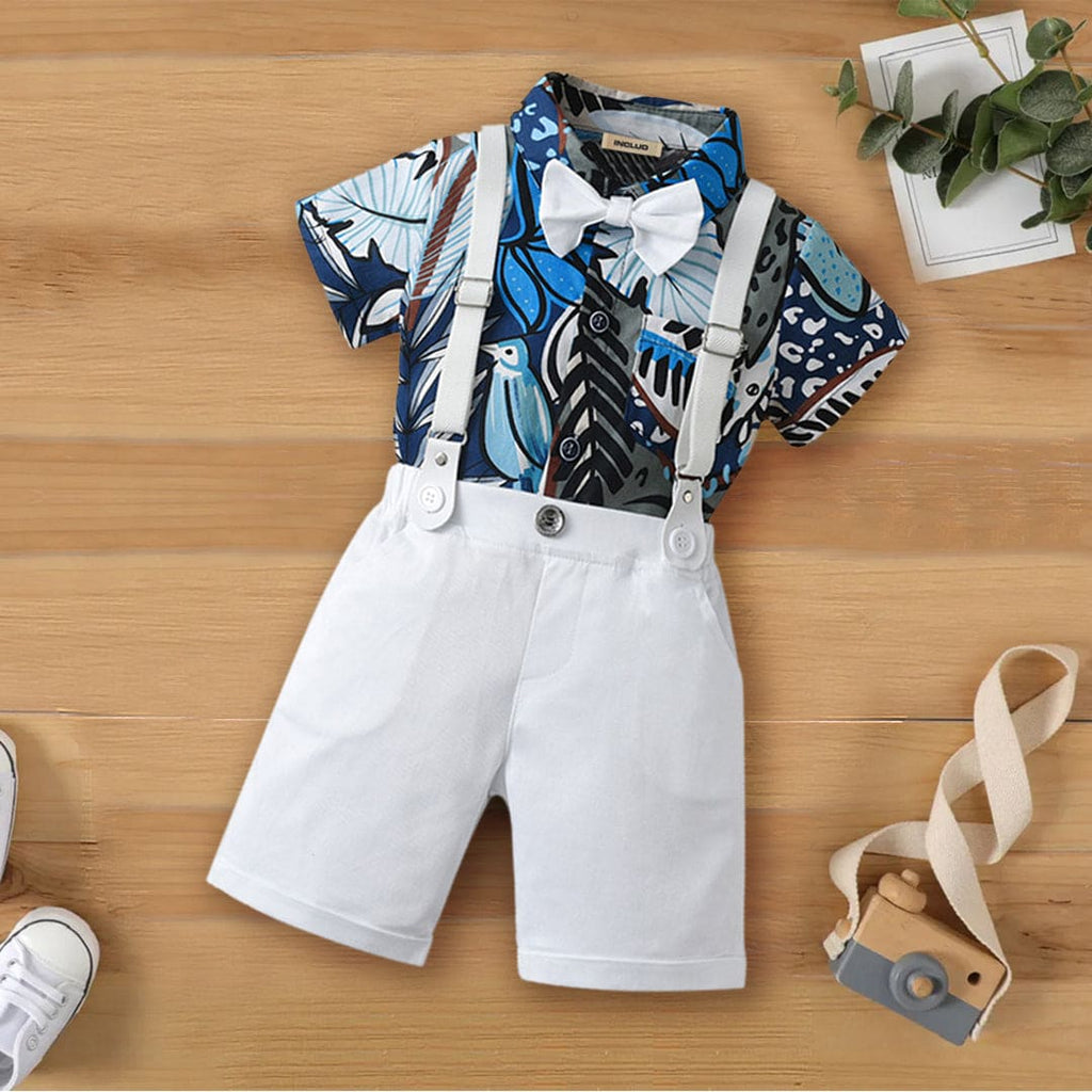 Boys Printed Shirt with Suspender Shorts Set 2 pc. Sets White 1-2 Y 