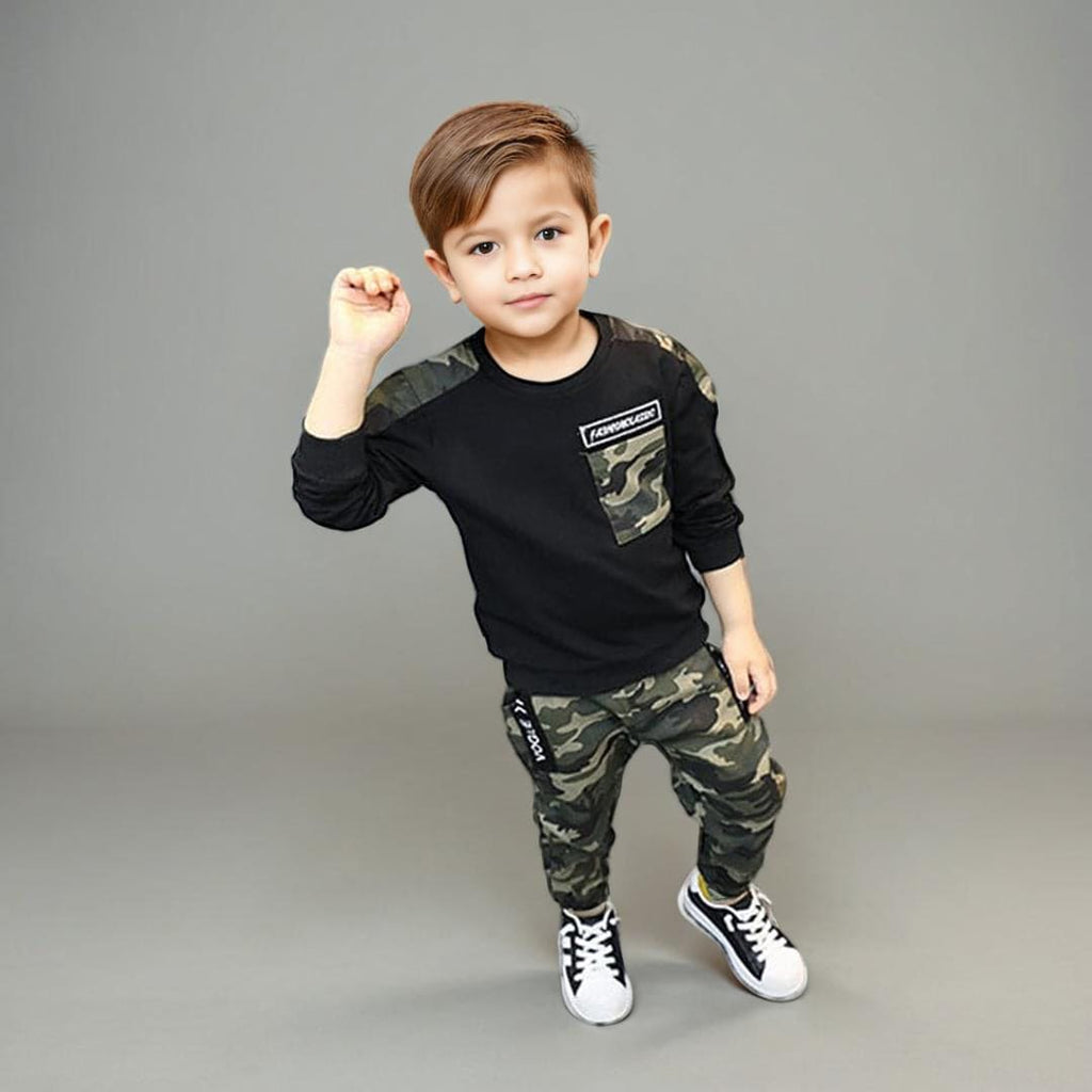 Boys Long Sleeve T-Shirt With Camouflage Printed Pants Sets Black 1-2 Y 