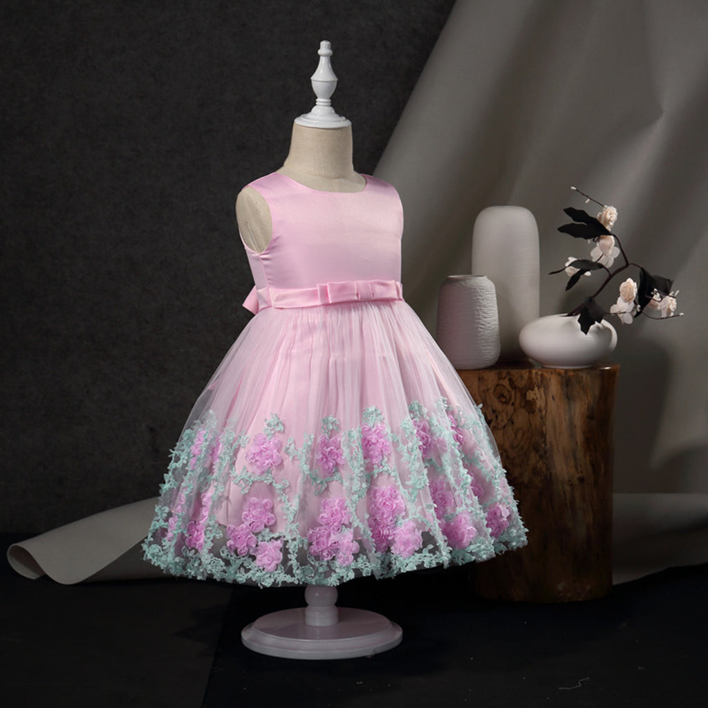 Girls Flower Applique Tulle Party Dress Party Dresses Pink 1-2 Y 