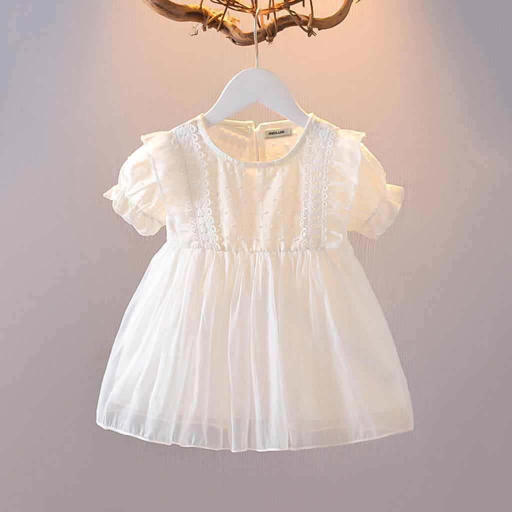 Girls White Round Neck Self Design Puff Sleeves Dresses Casual Dresses White 1-2 Y 