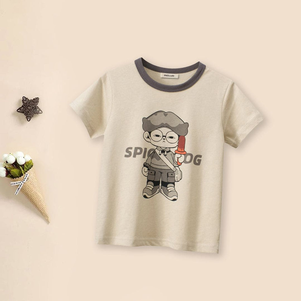 Boys Cartoon Print Short Sleeves Casual T-shirt Tshirts Khaki 1-2 Y 