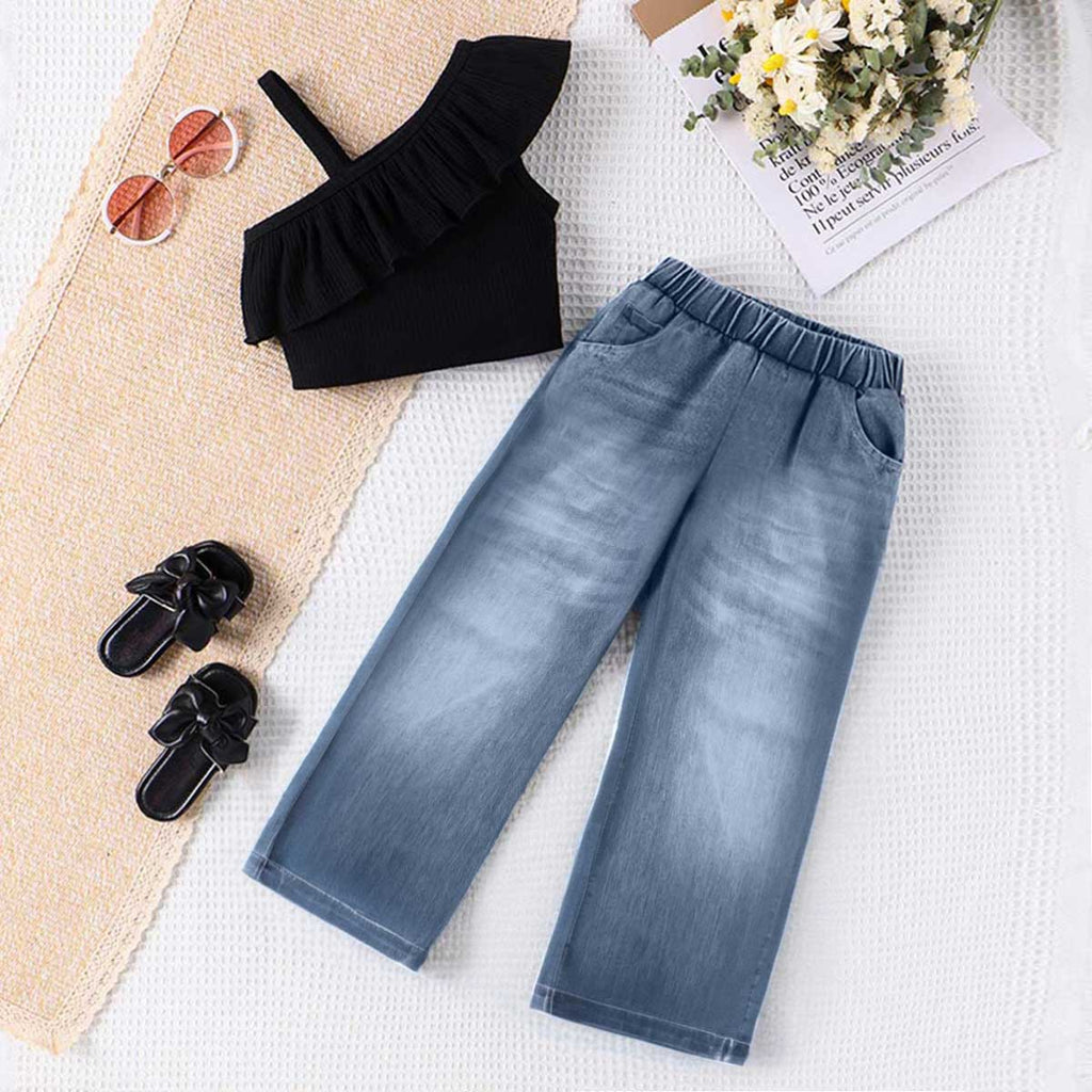 Girls One Shoulder Crop Top With Flared Jeans Set Sets