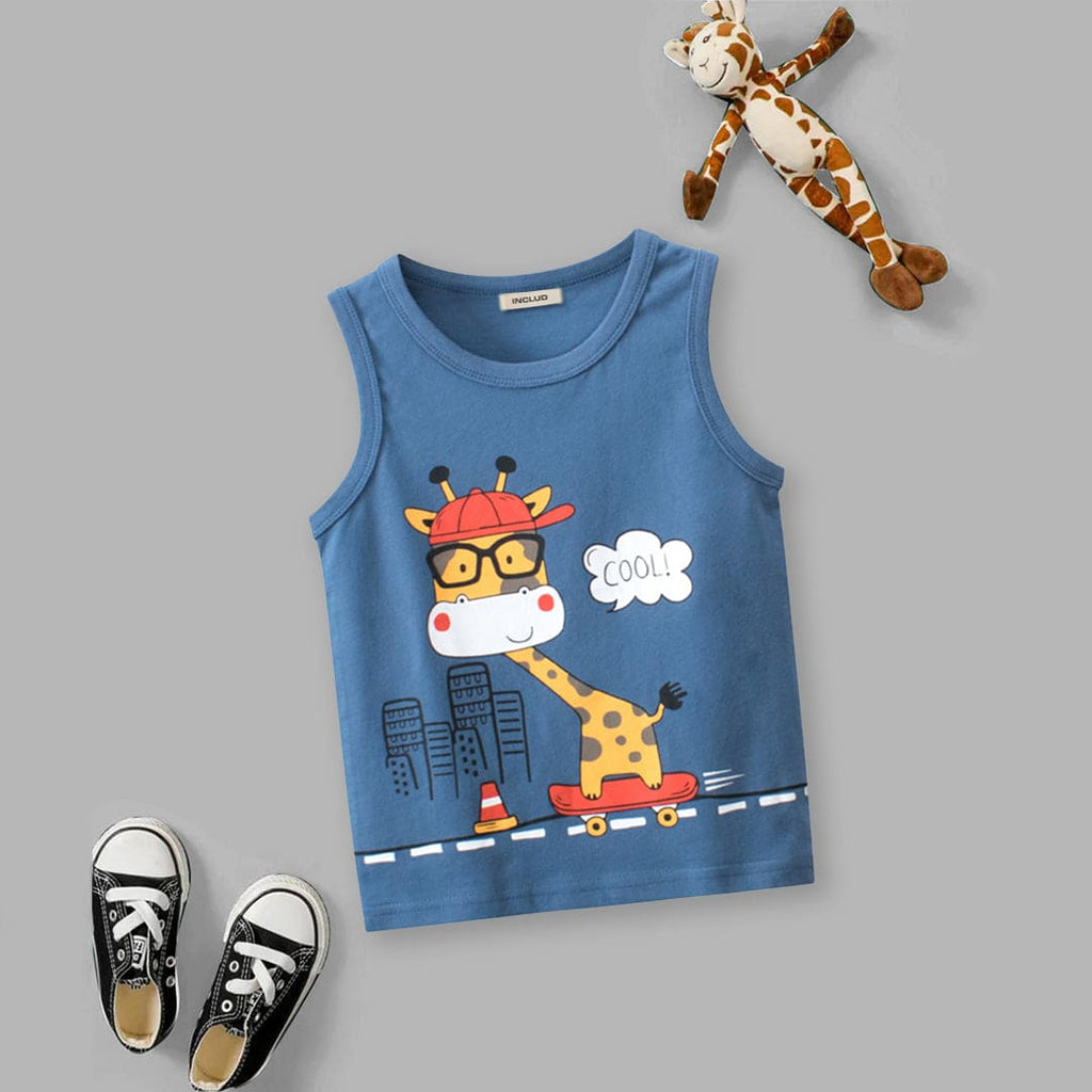 Boys Cartoon Graphic Round Neck Vest Tshirts Blue 1-2 Y 