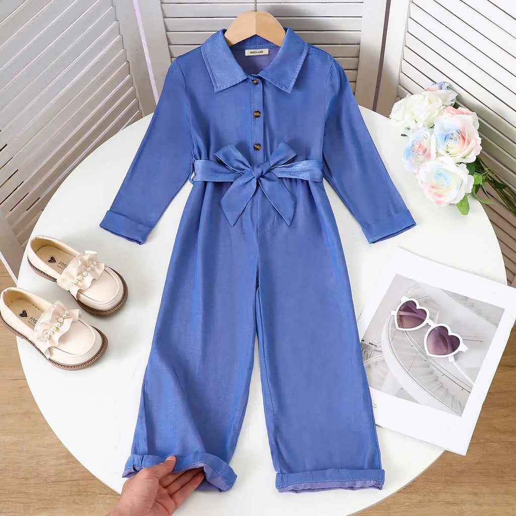 Girls Blue Solid Long Sleeves Overall Jumpsuit Jumpsuits Blue 3-4 Y