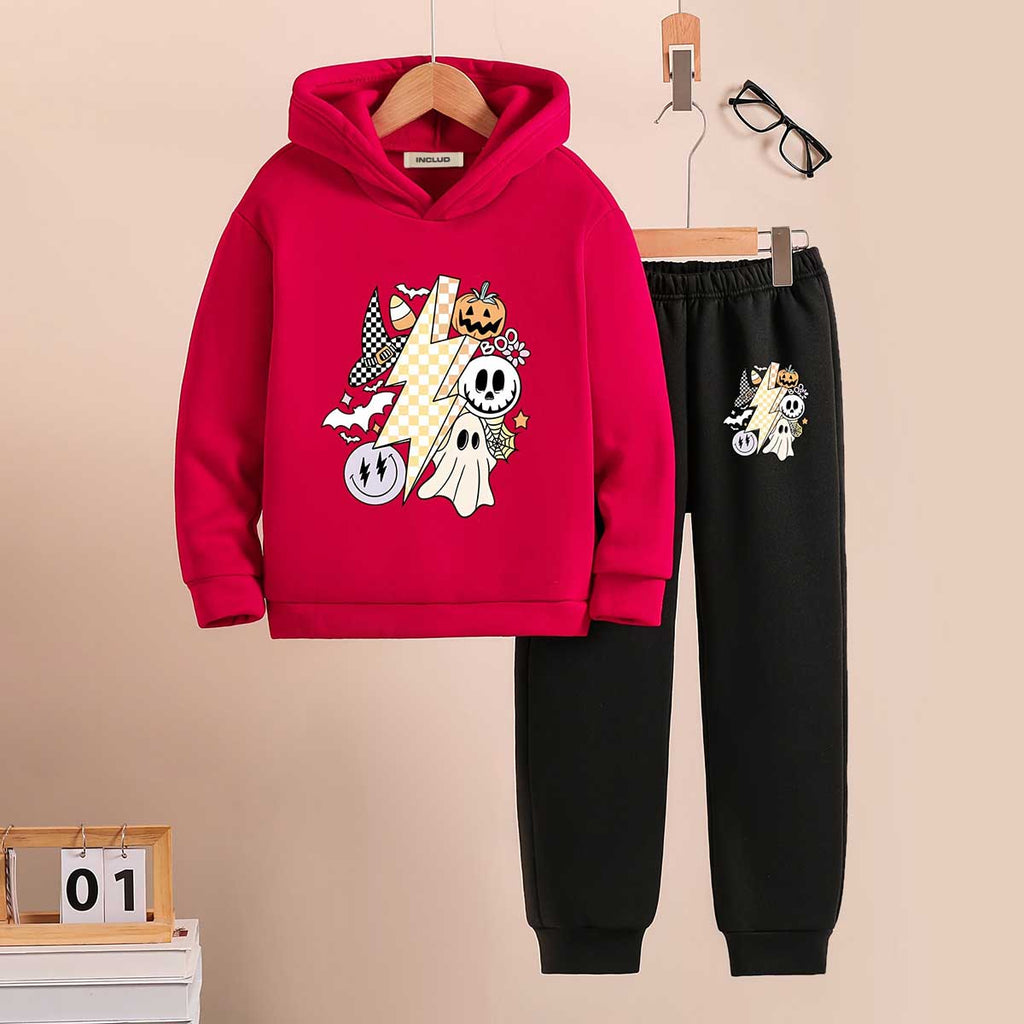 Boys Red Halloween-Themed Printed Hooded Sweatshirt With Jogger Sets 2 pc. Sets Red 5-6 Y