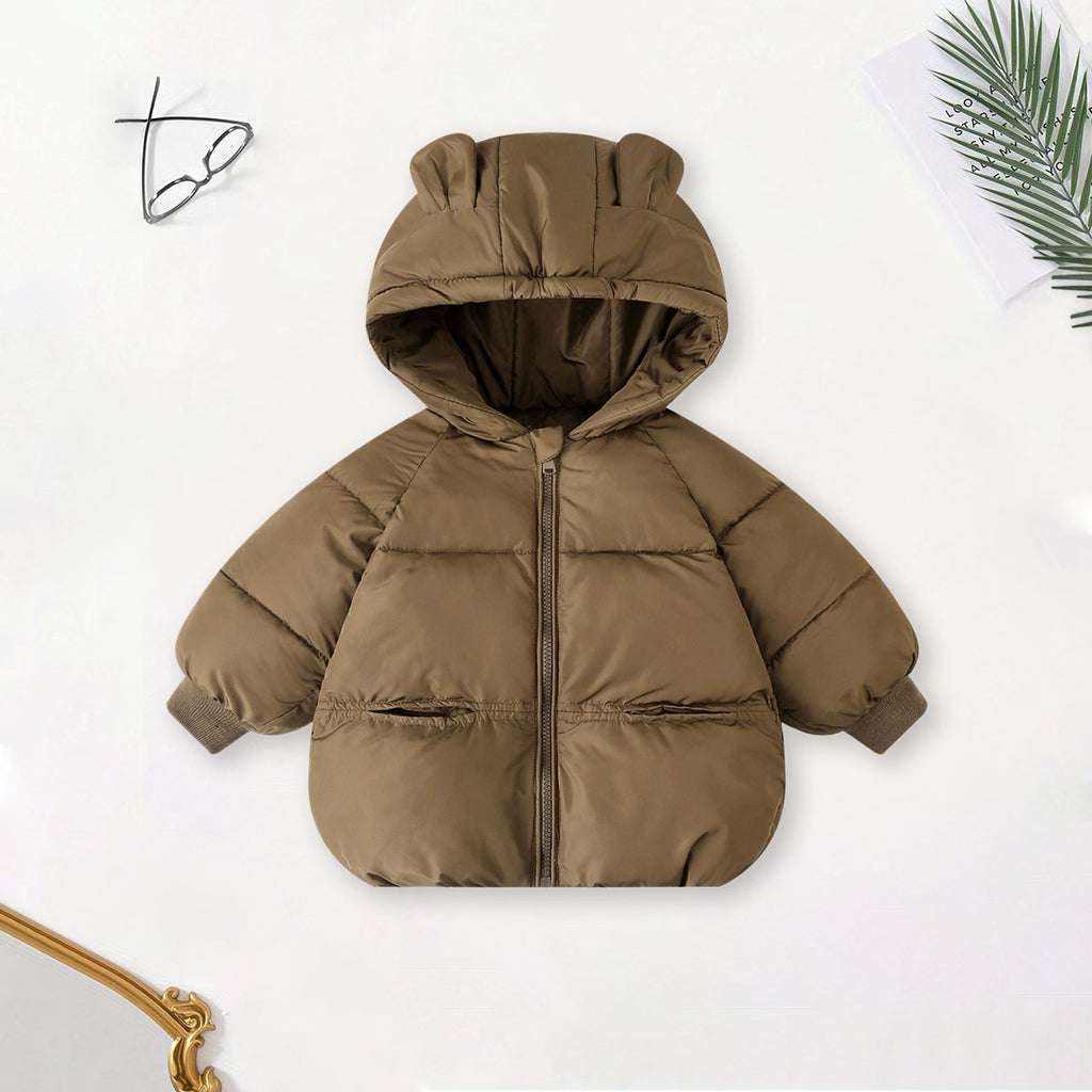 Girls Light Brown Solid Front Zipper Hooded Puffer Jacket Coats & Jackets Light Brown 1-2 Y