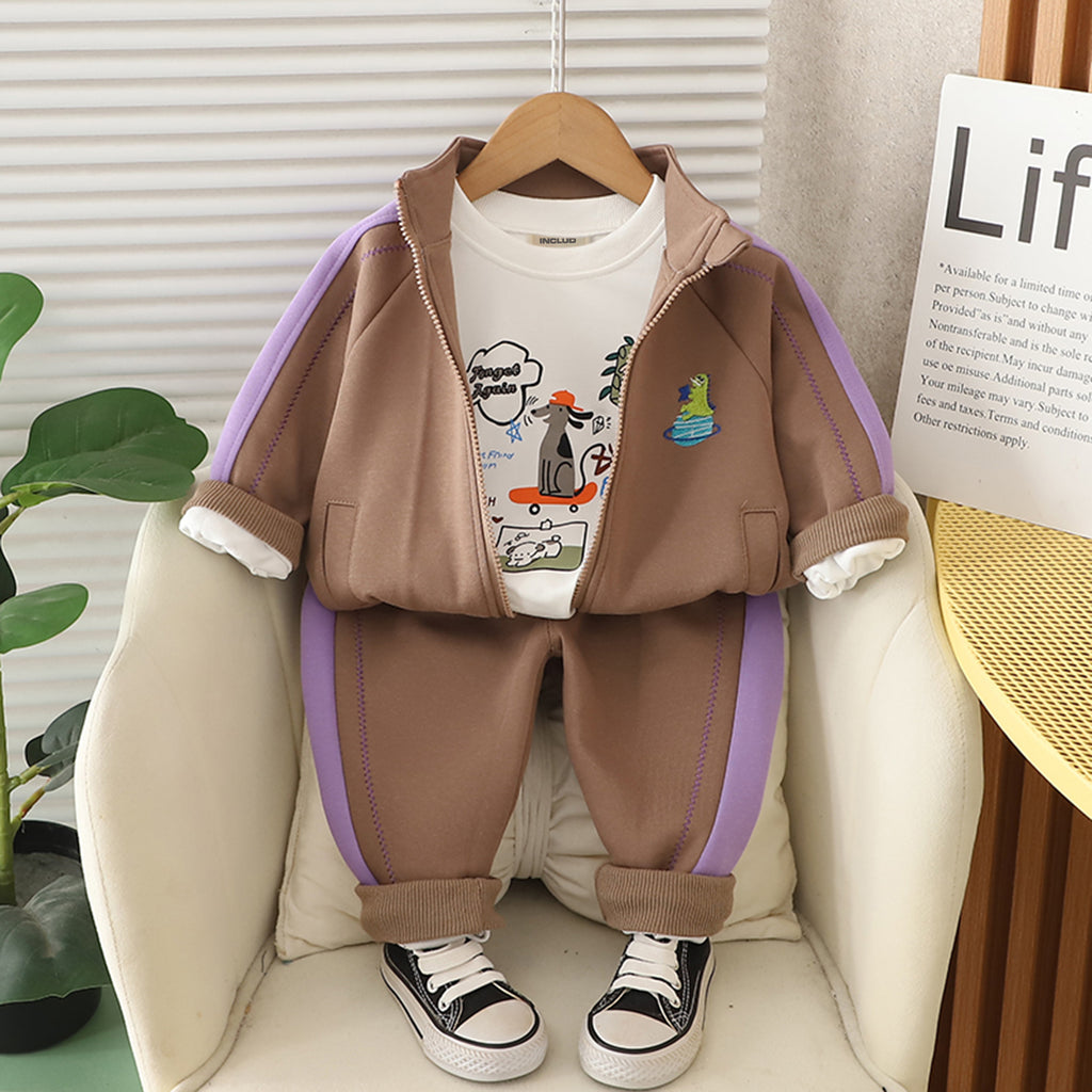 Boys Brown Dinosaur Embroidered Winter Sweatshirt With T-Shirt and Pants Set 3 pc. Sets Brown 1-2 Y