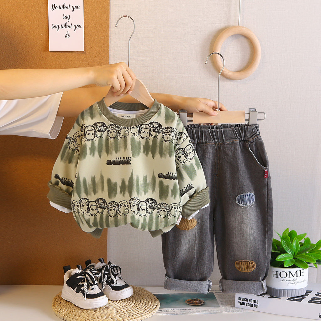 Boys Green Printed Sweatshirt With Denim Pants Set 2 pc. Sets Green 1-2 Y