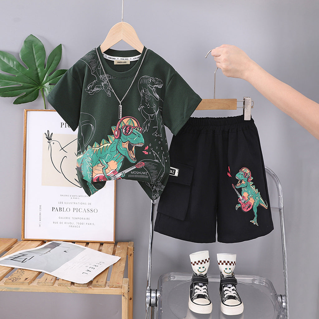 Boys Dinosaur Printed Green T-Shirt With Shorts Set 2 pc. Sets Green 1-2 Y