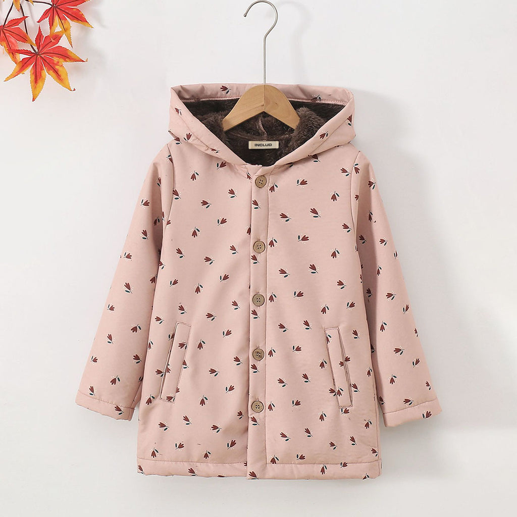 Girls Peach Floral Printed Hooded Jacket Coats & Jackets Peach 2-3 Y