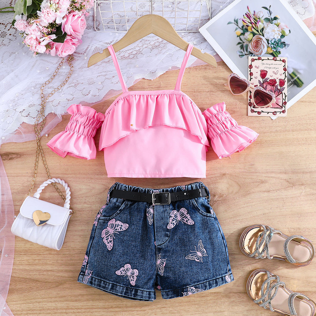 Girls Pink Off Shoulder Top With Butterfly Printed Denim Shorts Set 2 pc. Sets Pink 2-3 Y